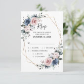 Cartons Réponse Mariage géométrique bleu mauve eucalyptus (Debout devant)