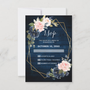 Cartons Réponse Mariage géométrique en bois rustique bleu marine r