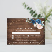 Cartons Réponse Mariage géométrique en bois rustique bleu marine r (Debout devant)