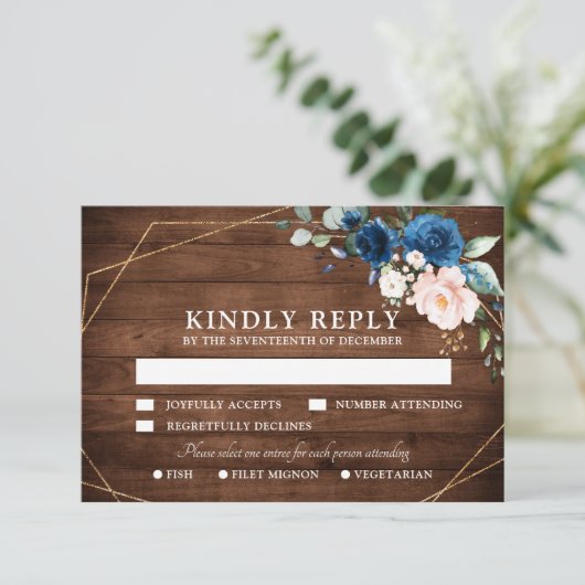 Cartons Réponse Mariage géométrique en bois rustique bleu marine r (Debout devant)