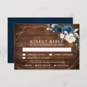 Cartons Réponse Mariage géométrique en bois rustique bleu marine r (Devant / Derrière)