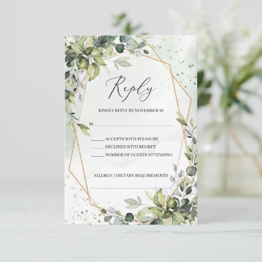 Cartons Réponse Mariage géométrique moderne Boho vert feuillage or (Debout devant)