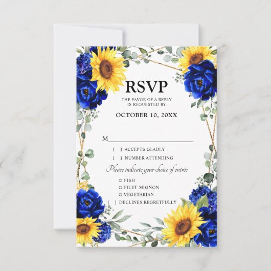 Cartons Réponse Mariage géométrique Royal Blue Rustic Sunflower (Devant)