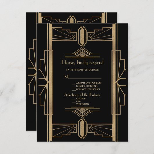 Cartons Réponse Mariage Gold Black Art Déco des années 1920 (Devant / Derrière)