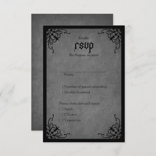 Cartons Réponse Mariage gothique en dentelle noire (Devant / Derrière)