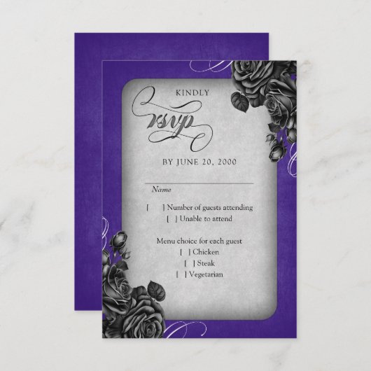 Cartons Réponse Mariage gothique Rose violet noir (Devant / Derrière)