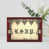 Cartons Réponse Mariage gothique rouge soie et crânes d'or (Debout devant)