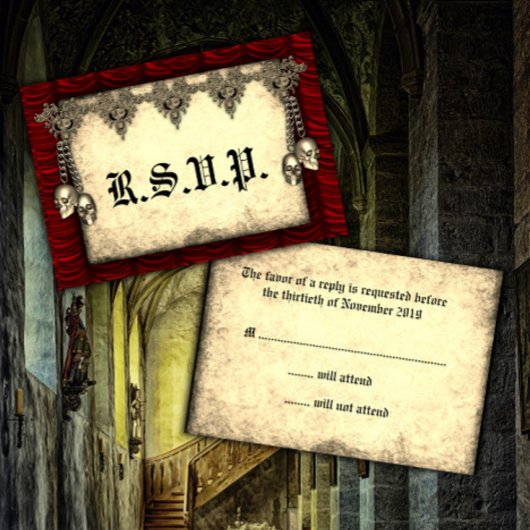 Cartons Réponse Mariage gothique rouge soie et crânes d'or