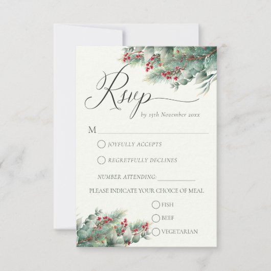 Cartons Réponse Mariage Greenery Aquarelle Baies d'Hiver & Pin (Devant)
