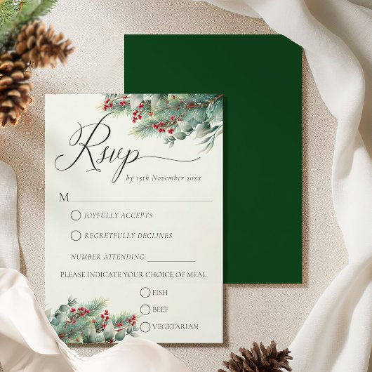 Cartons Réponse Mariage Greenery Aquarelle Baies d'Hiver & Pin