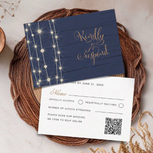 Cartons Réponse Mariage Guirlandes Lumineuses Rustique Bleu Marine