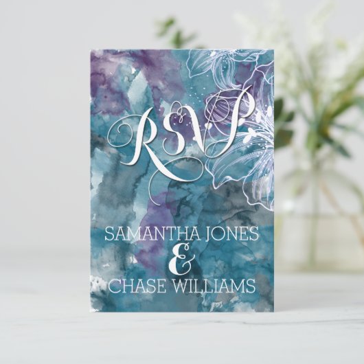 CARTONS RÉPONSE MARIAGE HIBISCUS EN COULEUR D'EAU BLEU (Debout devant)