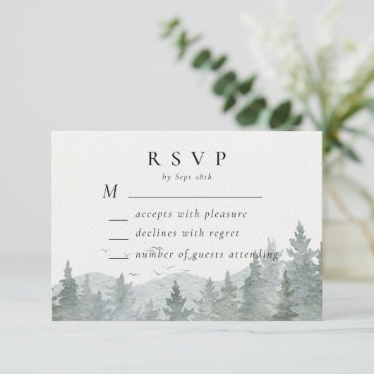 Cartons Réponse Mariage horizontal Rustic Mountain Green Pine Tree (Debout devant)
