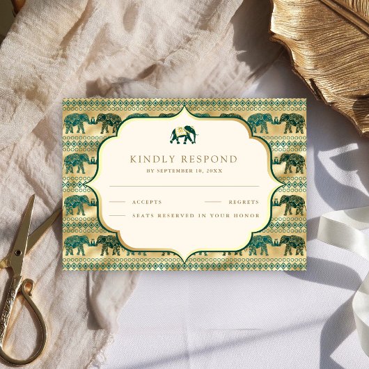 Cartons Réponse Mariage indien Emerald Green Gold Elephant