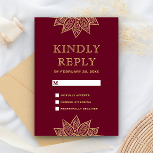 Cartons Réponse Mariage Indien Gold Burgundy Mehendi Henna
