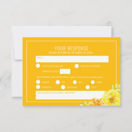 Cartons Réponse Mariage jaune marigold fleurs main aquarelle (Dos)