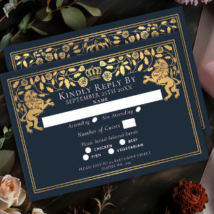 Cartons Réponse Mariage Lion Médiéval Royal Bleu