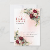 Cartons Réponse Mariage Luxe Boho Bourgogne Fleurs Blanches Or (Devant)