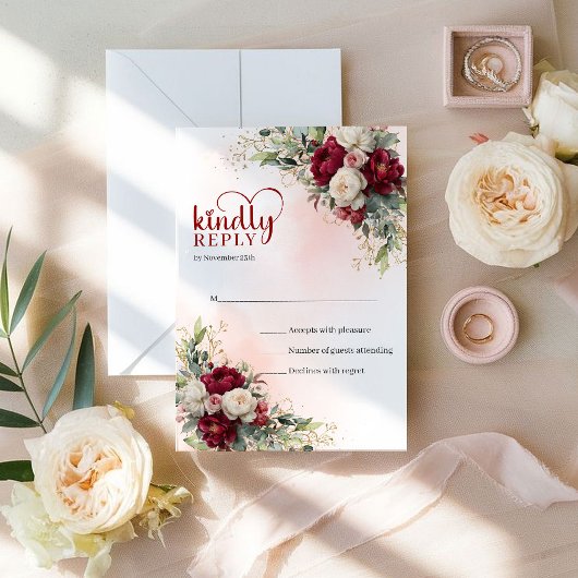 Cartons Réponse Mariage Luxe Boho Bourgogne Fleurs Blanches Or
