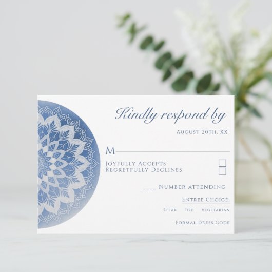 Cartons Réponse Mariage Mandala Bleu Dentelle (Debout devant)