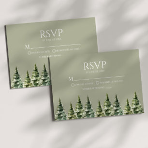 Cartons Réponse Mariage Minimaliste Vert Hiver Pins enneigés