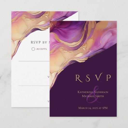 Cartons Réponse Mariage moderne Abstrait violet et or élégant (Devant / Derrière)