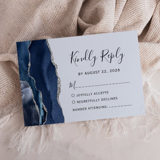 Cartons Réponse Mariage Moderne Agate Argent Bleu Clair Navy