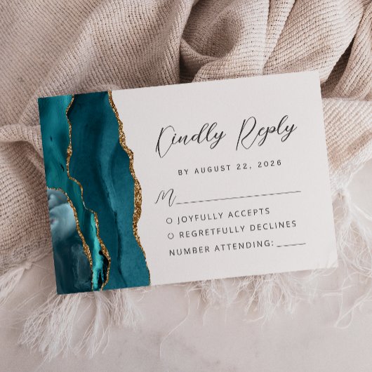 Cartons Réponse Mariage Moderne Agate Bleu Sarcelle Or Script