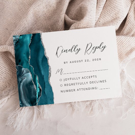 Cartons Réponse Mariage Moderne Agate Bleu Turquoise Argent Script