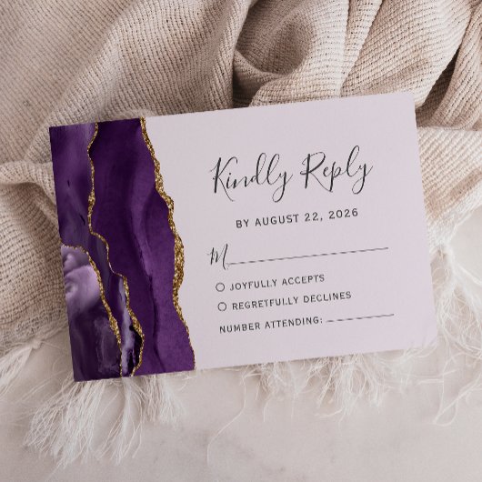 Cartons Réponse Mariage Moderne Agate Or Violet Pâle
