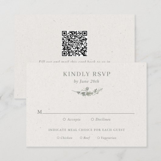 Cartons Réponse Mariage moderne avec code QR botanique vert sauge (Devant / Derrière)