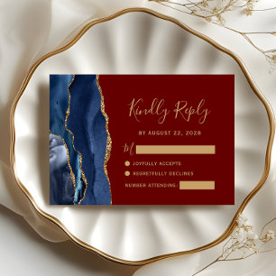Cartons Réponse Mariage Moderne Bleu Nuit Or Agate Bordeaux