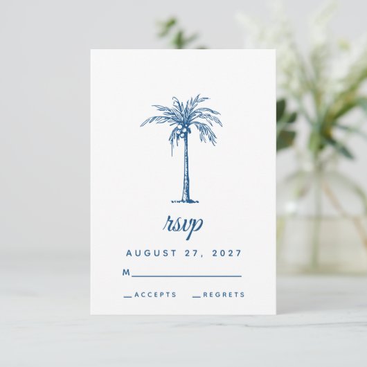 Cartons Réponse Mariage moderne Blue Palm Plage tropicale (Debout devant)