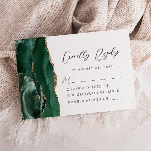 Cartons Réponse Mariage Moderne Écriture Vert Émeraude Agate Or