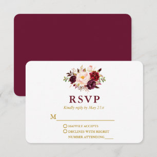 Cartons Réponse Mariage Moderne Élégant Bourgogne Floral Or
