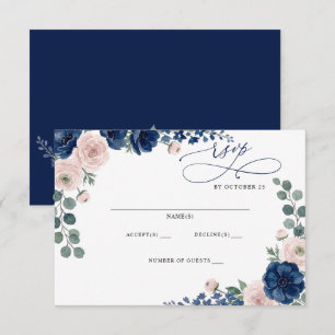 Cartons Réponse Mariage Moderne Floral Bleu Marine et Rose