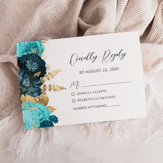 Cartons Réponse Mariage Moderne Floral Doré Aqua Sarcelle Script