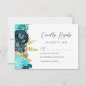Cartons Réponse Mariage Moderne Floral Doré Aqua Sarcelle Script (Devant)