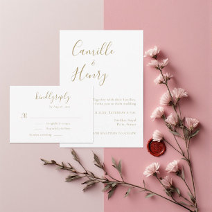 Cartons Réponse Mariage Moderne Minimaliste Or et Blanc
