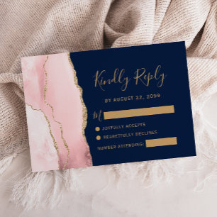 Cartons Réponse Mariage Moderne Rose Pâle Agate Bleu Marine