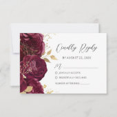 Cartons Réponse Mariage Moderne Script Floral Or Bourgogne (Devant)