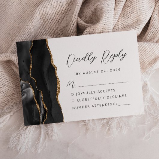 Cartons Réponse Mariage Moderne Script Or Noir Agate