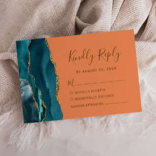 Cartons Réponse Mariage Moderne Teal Or Agate Tangerine