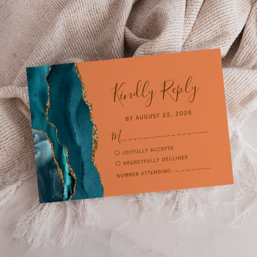 Cartons Réponse Mariage Moderne Teal Or Agate Tangerine