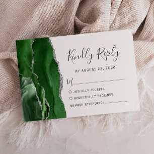 Cartons Réponse Mariage Moderne Vert Chasseur Agate Argent