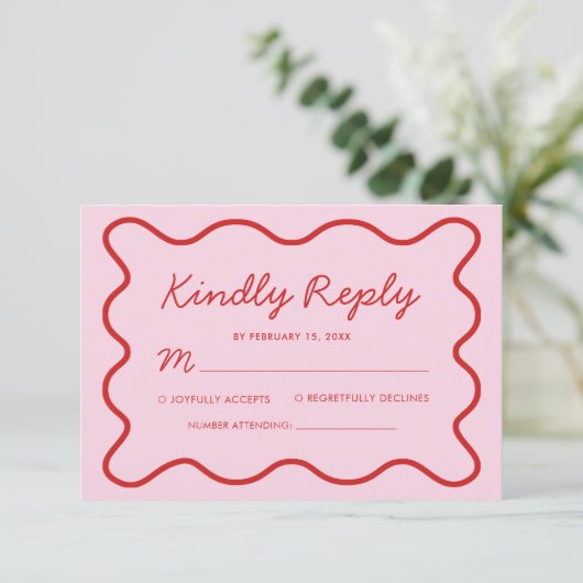 Cartons Réponse Mariage moderne Wavy rose et rouge Retro Squiggle (Debout devant)