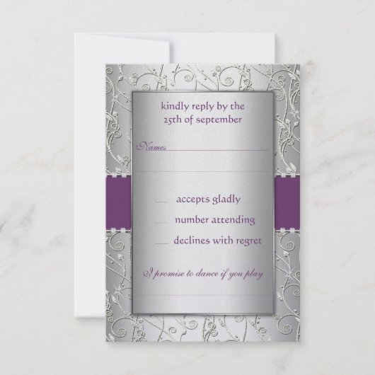 Cartons Réponse Mariage Monogram Purple et Silver Swirl (Devant)