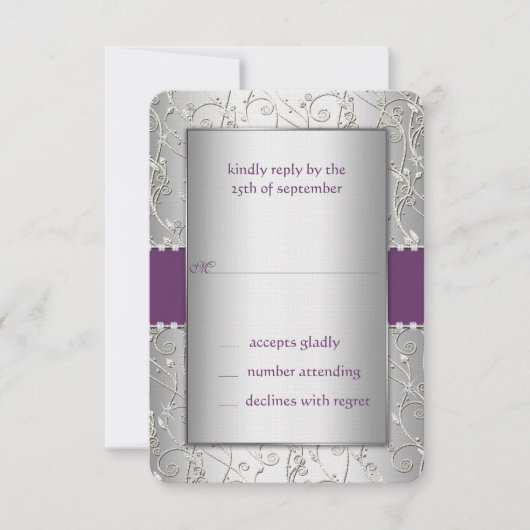 Cartons Réponse Mariage Monogram Purple et Silver Swirl (Devant)