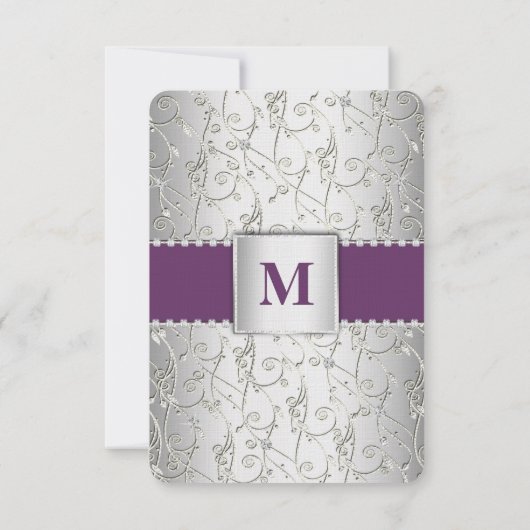 Cartons Réponse Mariage Monogram Purple et Silver Swirl (Dos)