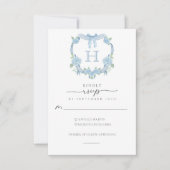 Cartons Réponse Mariage Monogramme Couronne Hydrangea Bleu Poussié (Devant)